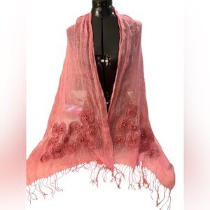 Pink 100% Linen 3 Dimensional Rose Appliques Scarf/ Wrap